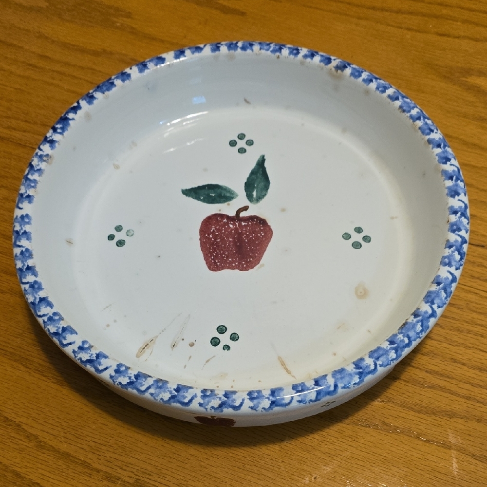 CROCK SHOP Inc CSI Stoneware Pie Dish Tart Plate Blue Spongeware Apple 9.75"